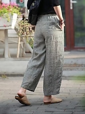 cheap Wide Leg &amp; High Waisted-Women&#039;s Wide Leg Pants Trousers Linen Cotton Blend Plaid High Waist Full Length Black Fall