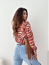 preiswerte Damen Grafik Tops-Damen Hemd Bluse Mode gestreift Knöpfe Tasche Druck Langarm normale Oberteile Hemdkragen Arbeit rot königsblau blau fuchsia braun Frühling&amp;amp;  fallen