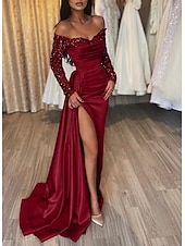 abordables Champagne-Robe de Soirée Sirène Robe Sequins Invité de Mariage Traîne Longue Manches Longues Épaules Dénudées Automne Réception de Mariage Satin avec Fente Ruchée Robe de Mascarade 2025
