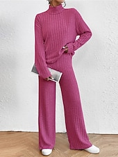 billiga Loungewear till damer-dam loungewear set ren färg ledig komfort mjuk hemgata dagligen polyester andas hög hals långärmad tröja byxa höst vinter hem outfits