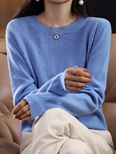 billiga Solida färger-Dam Pullover tröja Mode Streetwear Ledigt Ensfärgat Ribbad Rund hals Stickat Långärmad Vanliga toppar Sticka Utomhus Hem Dagligen Körsbärsröd Räkor Rosa Höst Vinter