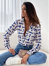 preiswerte Damen Grafik Tops-Damen Hemd Bluse Mode gestreift Knöpfe Tasche Druck Langarm normale Oberteile Hemdkragen Arbeit rot königsblau blau fuchsia braun Frühling&amp;amp;  fallen