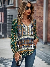 billige Boho topper-Dame Skjorte Boho skjorte Blondeskjorte Bluse Blomstret Mote Langermet V-hals Vanlige topper Avslappet Ferie Blondér Trykt mønster Rød Navyblå Blå Lilla Grønn Vår &amp; Vinter