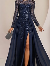 abordables Longueur du plancher-Robe de mère de la mariée A-Line pour invitée de mariage élégante col bijou longueur de sol en chiffon dentelle sequins à manches longues avec plissage avant couleur unie taille personnalisée gratuite