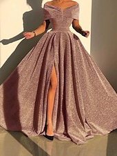 economico GIALLO-Abito da sera A-Line abito scintillante abito formale autunno strascico senza maniche off shoulder paillettes con spacco abito da mascherata 2025