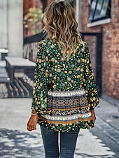 billige Boho topper-Dame Skjorte Boho skjorte Blondeskjorte Bluse Blomstret Mote Langermet V-hals Vanlige topper Avslappet Ferie Blondér Trykt mønster Rød Navyblå Blå Lilla Grønn Vår &amp; Vinter