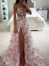 baratos Vestidos Baile Formatura-Vestidos de Formatura A-Line Corsets Vestido Formal Festa Noturna Cauda de Corte Sem Mangas Alça de Espaguete Tule com Fenda 2025