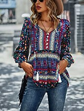 billige Boho topper-Dame Skjorte Boho skjorte Blondeskjorte Bluse Blomstret Mote Langermet V-hals Vanlige topper Avslappet Ferie Blondér Trykt mønster Rød Navyblå Blå Lilla Grønn Vår &amp; Vinter