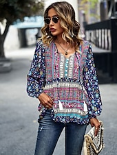billige Boho topper-Dame Skjorte Boho skjorte Blondeskjorte Bluse Blomstret Mote Langermet V-hals Vanlige topper Avslappet Ferie Blondér Trykt mønster Rød Navyblå Blå Lilla Grønn Vår &amp; Vinter