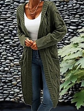 baratos Cardigãs e agasalhos-Mulheres Carregam Moda Roupa de rua Casual Côr Sólida Cabo Com Capuz Bolsos Tricotado Manga Longa Tops regulares Tricotar Ao ar livre Diário Para Noite Vinho Verde Tropa Outono Inverno
