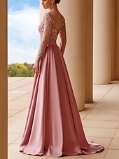 economico Lunghezza del pavimento-Abito a linea A per la madre della sposa elegante scollo a barca strascico della scia/brush lunghezza in satin elasticizzato maniche lunghe con s sash/ribbon e arricciature