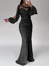 preiswerte GRAU-Meerjungfrau Paillettiertes Abendkleid Partykleid formelles Sweep-/Pinselzug lange Ärmel Scoop-Ausschnitt mit Glitzer Raffung Schlitz Maskerade-Kleid 2025