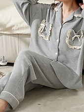 billiga Sovkläder till damer-kvinnors pyjamasset brev avslappnad komfort hem daglig säng bomull andas lapel långärmad skjorta byxknappficka höst vinter hemkläder
