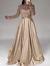 billige champagne-A-Linje Gull Kveldsdrakt Elegant Kjole Bryllup Sort Slips Gulvlengde Lang Erme Smykkekrage Satin med Paljett Maskerade Kjole