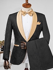 preiswerte Hochzeitsanzüge-Zweiteiliger Herren-Smoking aus champagnerfarbenem Jacquard-Stoff, schmal geschnitten – ideal für Hochzeiten, Abschlussbälle und Dinnerpartys. Der Anzug besteht aus einem einreihigen Blazer mit Schalkragen und passender Hose. Erhältlich in Burgunderrot, G