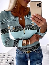 cheap Stripe&amp;Geometric tee-Women&#039;s T Shirt Color Block Fashion Long Sleeve Round Neck Half Zip Regular Tops Daily Weekend Print Quarter Zip Pink Blue Purple Green Gray Spring &amp;  Fall
