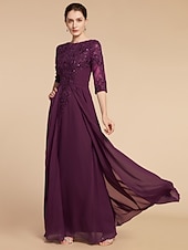 cheap Floor Length-Sheath Mother of the Bride Dress Wedding Guest Elegant Scoop Neck Floor Length Chiffon Lace Half Sleeve with Pleats Sequin 2025 free custom size
