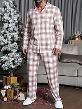 billiga Pyjamas-Herr Vardagsklädsel Sovkläder Pyjamas set Pyjamastopp och byxa 2 delar Rutig Stylish Ledigt Komfort Hem Dagligen Säng Bomullsblandning Komfort Mjuk Kavajslag Långärmad Skjorta Byxa Snörning Elastisk