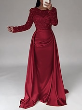 cheap CHAMPAGNE-Mermaid Sequin Evening Gown Ruched Champagne Satin Dress Long Sleeves Masquerade Floor Length Illusion Neck with Pearls Overskirt dress 2025