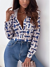 preiswerte Damen Grafik Tops-Damen Hemd Bluse Mode gestreift Knöpfe Tasche Druck Langarm normale Oberteile Hemdkragen Arbeit rot königsblau blau fuchsia braun Frühling&amp;amp;  fallen