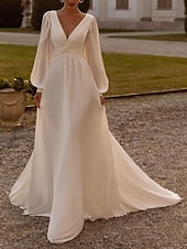 preiswerte lässige Brautkleider-Strandhochzeit Formal Einfache Hochzeitskleider A-Linie V-Ausschnitt Langarm Gericht Zug Chiffon Hochzeitskleider mit Falten Raffung