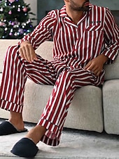 cheap Men&#039;s Pajamas-Men&#039;s Loungewear Sleepwear Pajama Set Pajama Top and Pant 2 Pieces Stripe Stylish Casual Comfort Home Daily Bed Cotton Blend Comfort Soft Lapel Long Sleeve Shirt Pant Drawstring Elastic Waist Spring