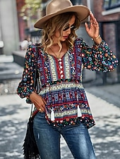 billige Boho topper-Dame Skjorte Boho skjorte Blondeskjorte Bluse Blomstret Mote Langermet V-hals Vanlige topper Avslappet Ferie Blondér Trykt mønster Rød Navyblå Blå Lilla Grønn Vår &amp; Vinter