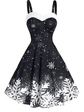 preiswerte Weihnachtskleider-Damen Polyester Winterkleid Unterkleid Schneeflockendruck Träger Midikleid Party Date Ärmellos Herbst Winter