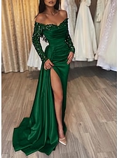 abordables Champagne-Robe de Soirée Sirène Robe Sequins Invité de Mariage Traîne Longue Manches Longues Épaules Dénudées Automne Réception de Mariage Satin avec Fente Ruchée Robe de Mascarade 2025