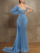 preiswerte GELB-Mermaid Pailletten Abendkleid Elegantes Kleid Formal Hof Zug Langarm Illusionskragen mit Falten Maskeradenkleid