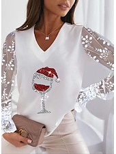 economico Magliette-camicetta da donna scollo a V manica lunga trasparente ricamata festa bicchiere di vino grafico paillettes bianco vestibilità comoda elegante abito da sera