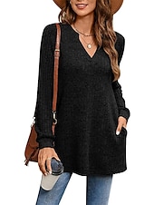 preiswerte Damen Einfache Oberteile-Damen Hemd Bluse Mode Tasche Langarm Lange Tops V-Ausschnitt Casual Schwarz Rosa Armeegrün Rot Staubblau Frühling&amp;amp;  fallen
