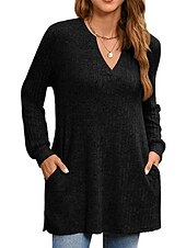 preiswerte Damen Einfache Oberteile-Damen Hemd Bluse Mode Tasche Langarm Lange Tops V-Ausschnitt Casual Schwarz Rosa Armeegrün Rot Staubblau Frühling&amp;amp;  fallen