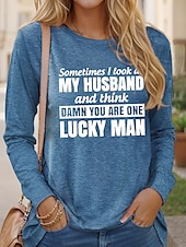 abordables T-shirt Humor &amp; Citations-Femme T shirt Lettre Famille Mode manche longue Col Rond Hauts réguliers du quotidien Fin de semaine Imprimer Noir Rose Claire Bleu Vert Kaki Printemps &amp; Automne Printemps, Août, Hiver, Eté
