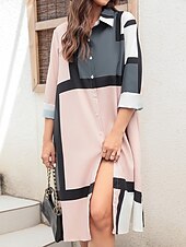 levne Pruhované a geometrické šaty-Dámské midi šaty košilové šaty příležitostné šaty venkovní kancelář každodenní móda moderní košilový límec tlačítko kapsa dlouhé rukávy podzim zima volný střih geometrické kárované