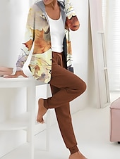billige Sweatsuits for kvinner-Dame 2 Deler Aktiv Daglig Hettegenser Track Suit Bukser Sett Bukser Langermet Hette Blomster Snortrykk Utendørs Fritid Hvit Rosa Mørk Marine Høst  Vinter Vanlig Passform