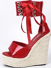 billige Bryllupsgjest-kvinners svarte espadrillesandaler i lakkert skinn med ankelreim med snøring - elegante platåsko for sommerfester og fritidsklær