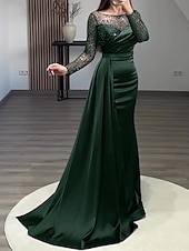 levne modrá-Krajkový šaty starožitného večeře elegantní šaty formální svatební host vlečka dlouhé rukávy šperkový výstřih charmeuse s nařenými perlami maškarní šaty 2025