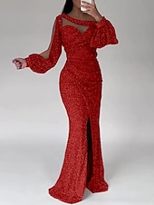 preiswerte GRAU-Meerjungfrau Paillettiertes Abendkleid Partykleid formelles Sweep-/Pinselzug lange Ärmel Scoop-Ausschnitt mit Glitzer Raffung Schlitz Maskerade-Kleid 2025