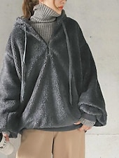 cheap Hoodies &amp; Sweatshirts-Women&#039;s Solid Color Warm Teddy Fuzzy Long Sleeve Hoodie Half Zip Regular Tops Street Casual Drawstring Front Pocket Quarter Zip Black Wine Dark Gray Coffee Gray Fall &amp; Winter