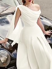 abordables Robes de cocktail-Robe de plage A-Line Robes cocktail Élégante Robe Invité de mariage Longueur thé Sans manches Col chauve-souris Tissu extensible avec volants Robes
