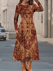 abordables Robe Boho-Femmes Robe Midi Robe Décontractée Robe d&#039;Hiver Robe Ethnique Robe évasée ancien Ethnique Tribal Formel Extérieur Vacances Coupe régulière Fleuri Géométrique Bloc de Couleur manche longue Col ras du
