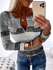 cheap Stripe&amp;Geometric tee-Women&#039;s T Shirt Color Block Fashion Long Sleeve Round Neck Half Zip Regular Tops Daily Weekend Print Quarter Zip Pink Blue Purple Green Gray Spring &amp;  Fall