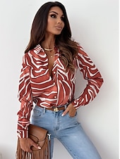 preiswerte Damen Grafik Tops-Damen Hemd Bluse Mode gestreift Knöpfe Tasche Druck Langarm normale Oberteile Hemdkragen Arbeit rot königsblau blau fuchsia braun Frühling&amp;amp;  fallen