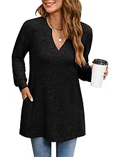 preiswerte Damen Einfache Oberteile-Damen Hemd Bluse Mode Tasche Langarm Lange Tops V-Ausschnitt Casual Schwarz Rosa Armeegrün Rot Staubblau Frühling&amp;amp;  fallen