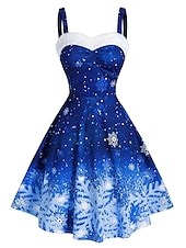 preiswerte Weihnachtskleider-Damen Polyester Winterkleid Unterkleid Schneeflockendruck Träger Midikleid Party Date Ärmellos Herbst Winter