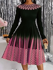 cheap Art&amp;Design Dress-Women&#039;s Midi Dress A Line Dress Casual Dress Winter Dress Swing Dress Streetwear Modest Formal Vacation Party Regular Fit Geometric Color Block Long Sleeve Crew Neck Yellow Pink Blue Purple