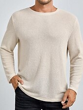 preiswerte Basic-T-Shirts-Herren Waffel-T-Shirt T Shirt Waffelstrick T-Shirt T-Shirt Langarm Rundhalsausschnitt Frühling &amp; Herbst Einfach Mode Designer Basic Strick Urlaub Straße Ausgehen Weiß Khaki Top T-Shirt für Herren
