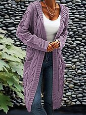 baratos Cardigãs e agasalhos-Mulheres Carregam Moda Roupa de rua Casual Côr Sólida Cabo Com Capuz Bolsos Tricotado Manga Longa Tops regulares Tricotar Ao ar livre Diário Para Noite Vinho Verde Tropa Outono Inverno