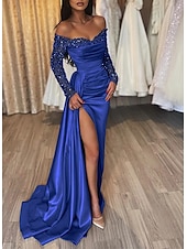 abordables Champagne-Robe de Soirée Sirène Robe Sequins Invité de Mariage Traîne Longue Manches Longues Épaules Dénudées Automne Réception de Mariage Satin avec Fente Ruchée Robe de Mascarade 2025